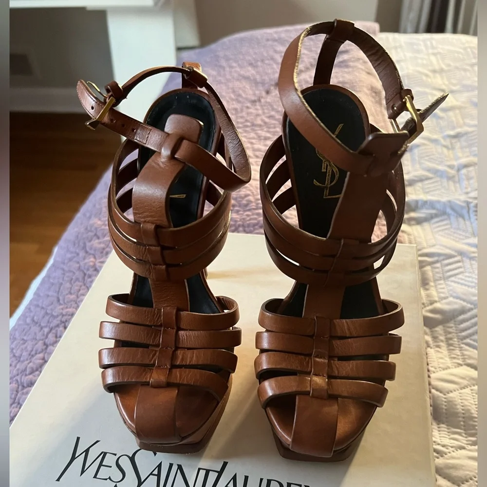 Saint Laurent Tan Strappy Heels - Picture 1 of 6